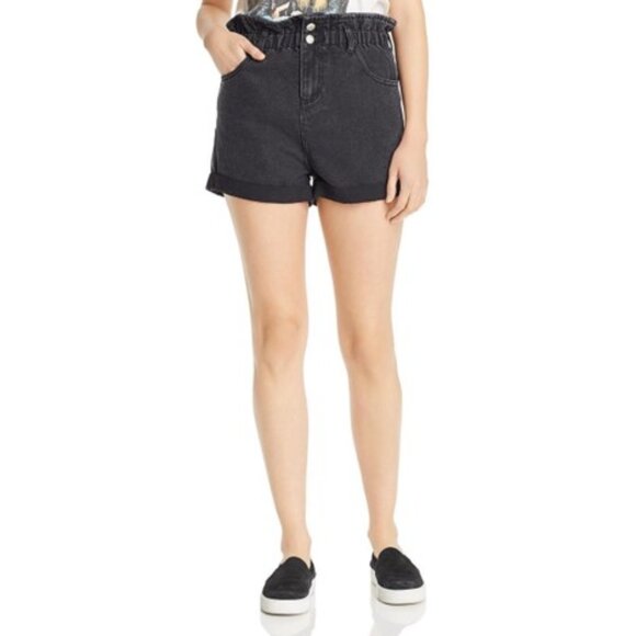NWT [Sunset & Spring] Black Cotton Cuffed Paperbag Denim Shorts Women's Sz Small - Picture 2 of 4
